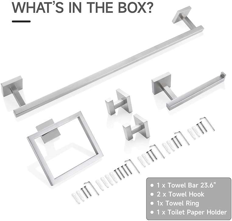 TQKAG 5-Piece Bathroom Hardware Set Brushed Nickel Classic Wall Mounted SUS304 Stainless Steel Bathroom Accessories Set 23.6" Towel Rack for Bathroom, Brushed Nickel - Image 8