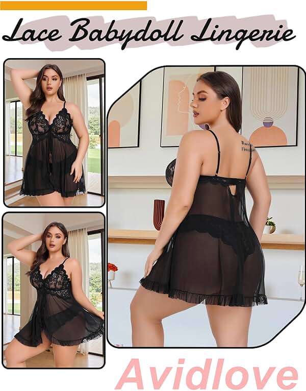 Avidlove Plus Size Lingerie for Women Sexy Lingerie Dress Lace Babydoll Lingerie V-Neck Open Front Strap Nightdress - Image 3