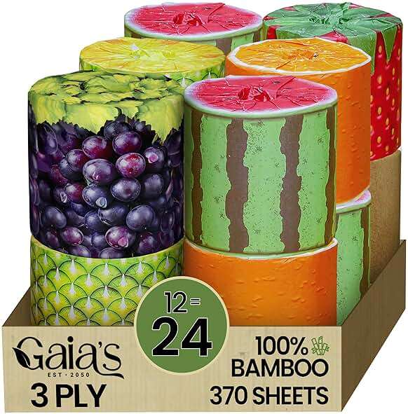 Gaias Premium and Soft Fruit TP Organic Bamboo Toilet Paper | 12 Mega Rolls, 3 Ply, 370 Sheets | FSC Certified, PFAS & BPA Free, Eco-Friendly, Sustainable Tissue - Plastic Free, Septic Safe, Vegan - Image 1