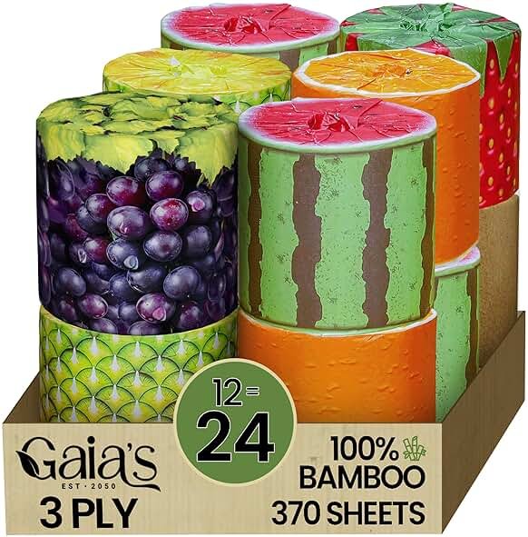 Gaias Premium and Soft Fruit TP Organic Bamboo Toilet Paper | 12 Mega Rolls, 3 Ply, 370 Sheets | FSC Certified, PFAS & BPA Free, Eco-Friendly, Sustainable Tissue - Plastic Free, Septic Safe, Vegan - Product Image