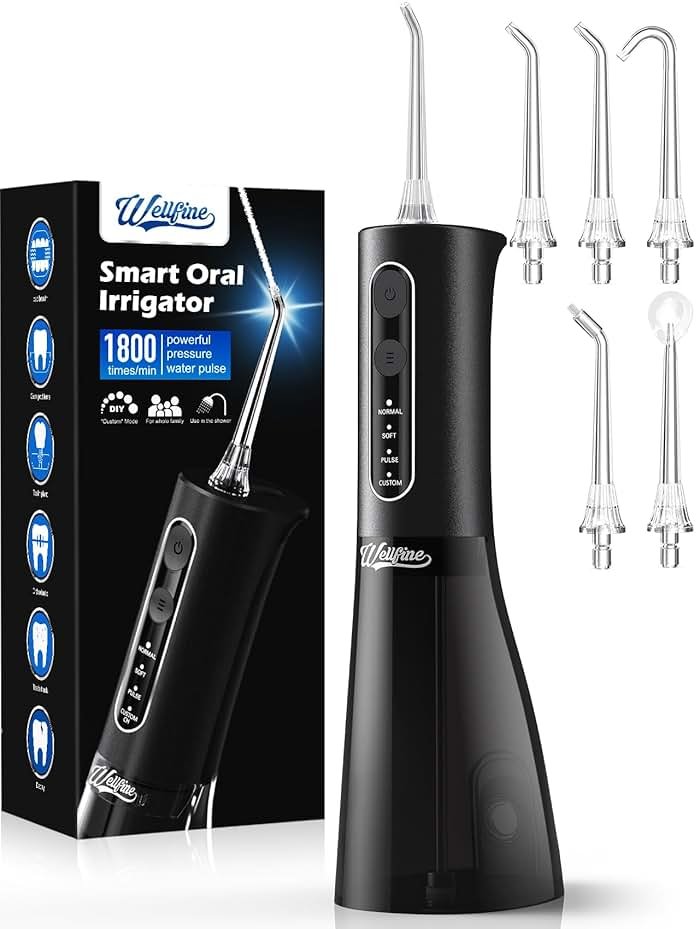 WELLFINE Water Dental Flosser Teeth Pick: Portable Cordless 4 Modes Flossers Pic 300ML Rechargeable Floss Pik Powerful IPX7 Waterproof Oral Irrigator for Cleaning Gum Care Braces for Home Travel - Product Image
