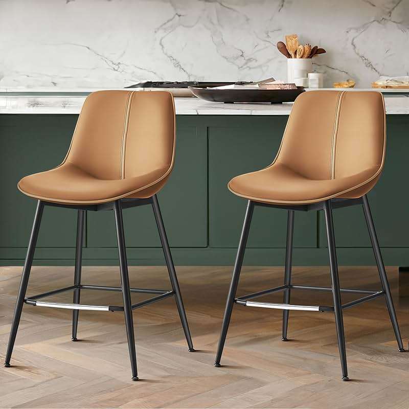 VASAGLE Bar Stools Set of 2, Counter Height Bar Stools with Back, Ergonomic Backrest, Synthetic Leather, Metal Legs, 24.8-Inch Tall Barstools for Kitchen Island Home Bar, Easy Assembly, Caramel Brown - Image 1
