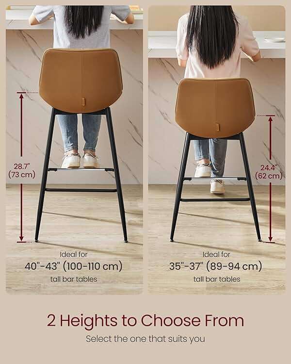VASAGLE Bar Stools Set of 2, Counter Height Bar Stools with Back, Ergonomic Backrest, Synthetic Leather, Metal Legs, 24.8-Inch Tall Barstools for Kitchen Island Home Bar, Easy Assembly, Caramel Brown - Image 2