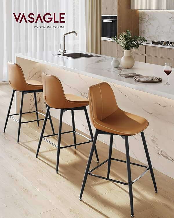 VASAGLE Bar Stools Set of 2, Counter Height Bar Stools with Back, Ergonomic Backrest, Synthetic Leather, Metal Legs, 24.8-Inch Tall Barstools for Kitchen Island Home Bar, Easy Assembly, Caramel Brown - Image 3