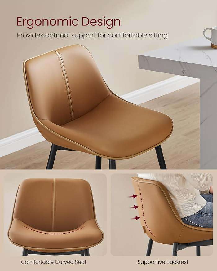 VASAGLE Bar Stools Set of 2, Counter Height Bar Stools with Back, Ergonomic Backrest, Synthetic Leather, Metal Legs, 24.8-Inch Tall Barstools for Kitchen Island Home Bar, Easy Assembly, Caramel Brown - Image 4