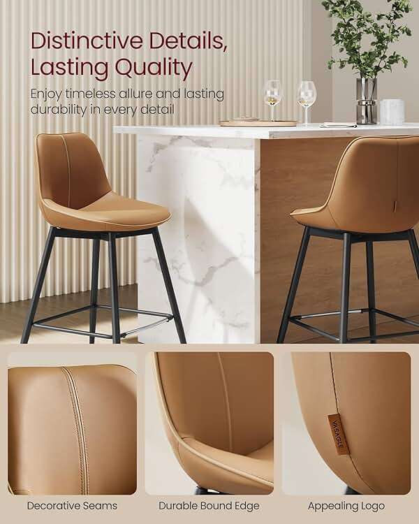 VASAGLE Bar Stools Set of 2, Counter Height Bar Stools with Back, Ergonomic Backrest, Synthetic Leather, Metal Legs, 24.8-Inch Tall Barstools for Kitchen Island Home Bar, Easy Assembly, Caramel Brown - Image 9