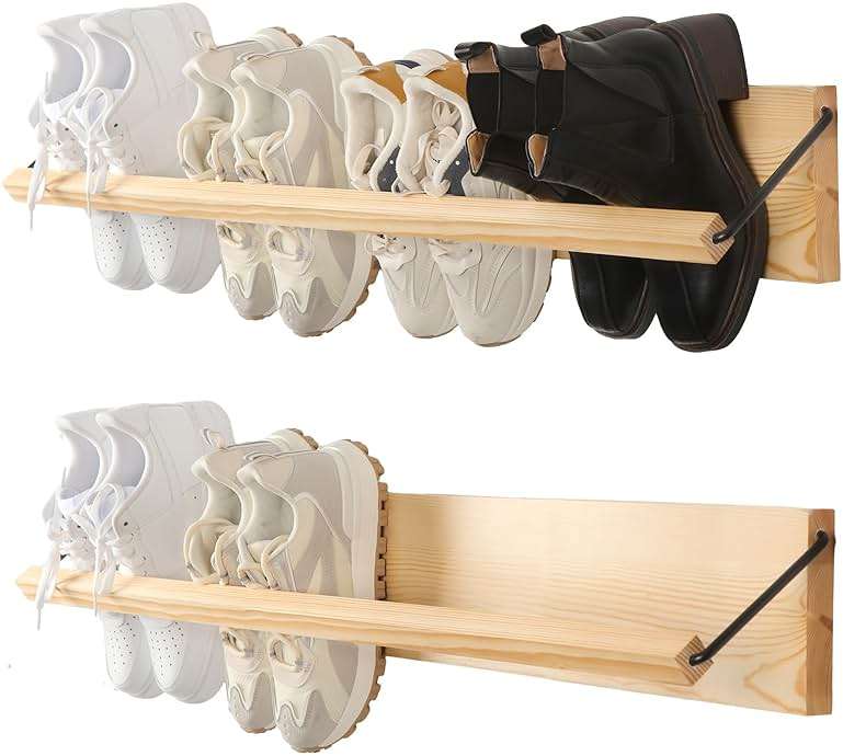 Mifoci 2 Pcs Wall Mounted Shoe Rack Organizer Wooden Modern Compact Wall Space Saving Shoe Holder Storage for Sneaker Footwear Slipper Boots Entryway Narrow Spaces Hallway(39.37'' Long) - Image 1