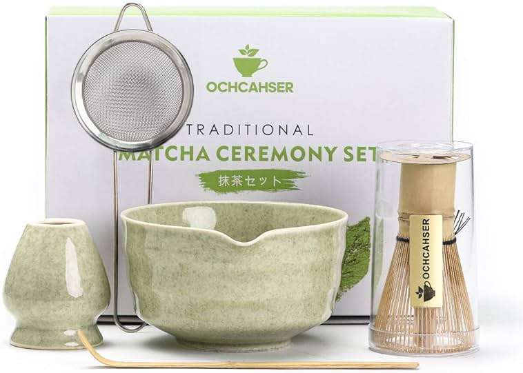 Matcha Set, Japanese Tea Set Includes Matcha Bowl with Spout, Matcha Whisk Holder, Bamboo Matcha Whisk and Bamboo Scoop, 17 oz Mottled Green Glaze Ceramic Matcha Kit for Tea Lovers - Image 1