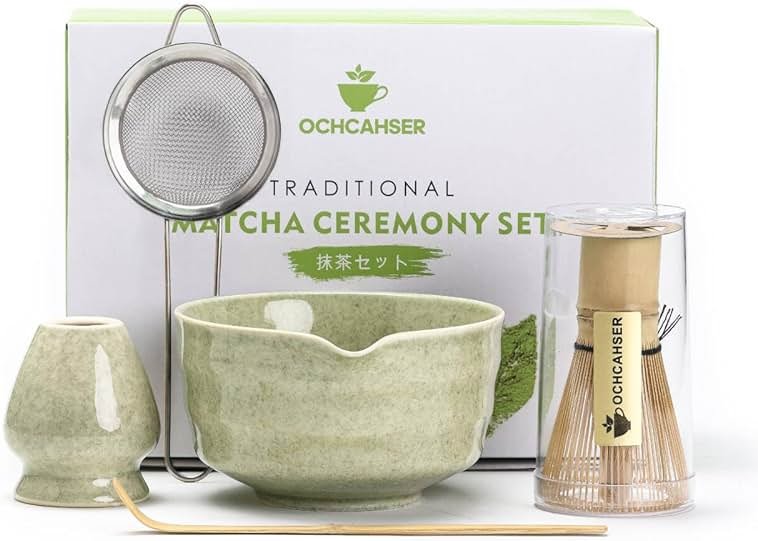 Matcha Set, Japanese Tea Set Includes Matcha Bowl with Spout, Matcha Whisk Holder, Bamboo Matcha Whisk and Bamboo Scoop, 17 oz Mottled Green Glaze Ceramic Matcha Kit for Tea Lovers - Product Image