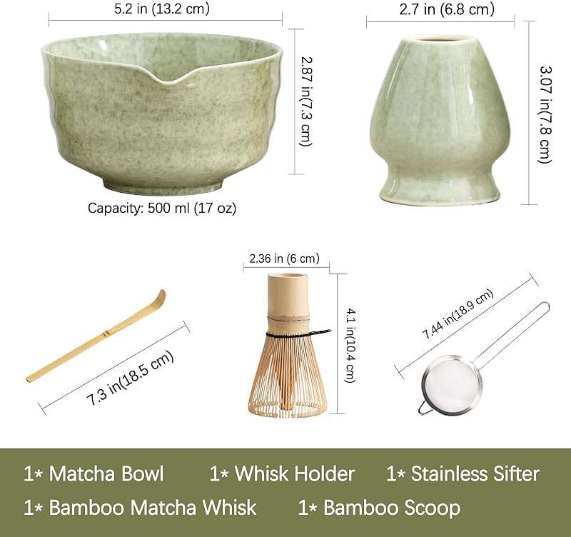 Matcha Set, Japanese Tea Set Includes Matcha Bowl with Spout, Matcha Whisk Holder, Bamboo Matcha Whisk and Bamboo Scoop, 17 oz Mottled Green Glaze Ceramic Matcha Kit for Tea Lovers - Image 3
