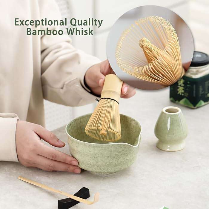 Matcha Set, Japanese Tea Set Includes Matcha Bowl with Spout, Matcha Whisk Holder, Bamboo Matcha Whisk and Bamboo Scoop, 17 oz Mottled Green Glaze Ceramic Matcha Kit for Tea Lovers - Image 4