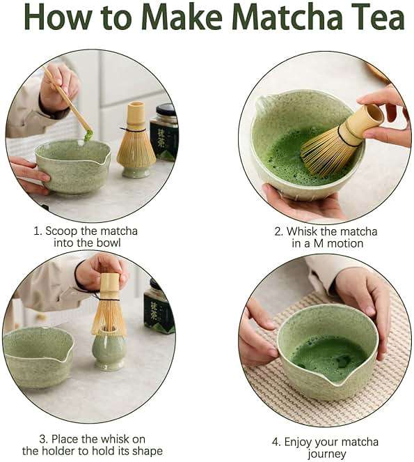 Matcha Set, Japanese Tea Set Includes Matcha Bowl with Spout, Matcha Whisk Holder, Bamboo Matcha Whisk and Bamboo Scoop, 17 oz Mottled Green Glaze Ceramic Matcha Kit for Tea Lovers - Image 7