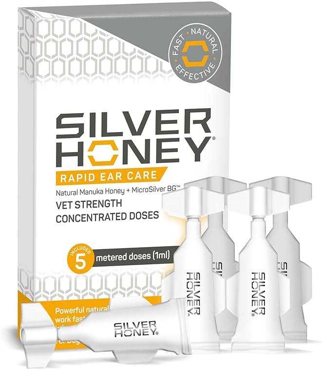 Absorbine Silver Honey Rapid Ear Care Vet Strength Concentrated Doses, 5 Ear Drops for 10 Days on 1 Ear for Dogs & Cats, Medical Grade Manuka Honey & MicroSilver BG - Product Image