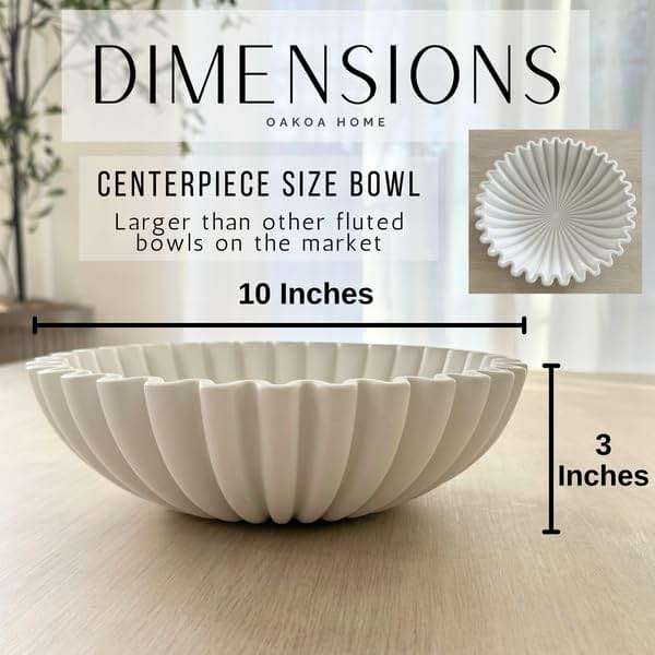 OAKOA Large Decorative Bowl - White Decorative Bowls for Home Decor - Organic Modern Home Decor Bowl - Concrete Ruffle Bowl Decor - Fluted Bowl - Scalloped Bowl - Image 2