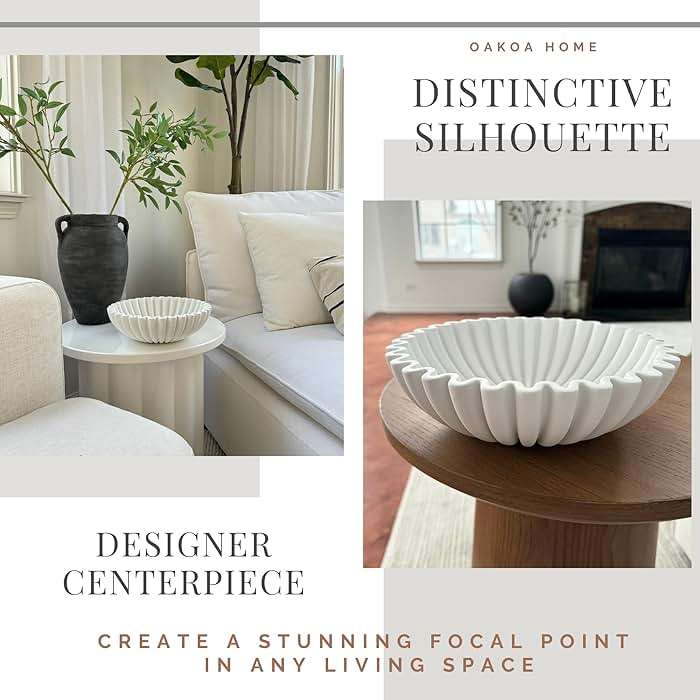 OAKOA Large Decorative Bowl - White Decorative Bowls for Home Decor - Organic Modern Home Decor Bowl - Concrete Ruffle Bowl Decor - Fluted Bowl - Scalloped Bowl - Image 6