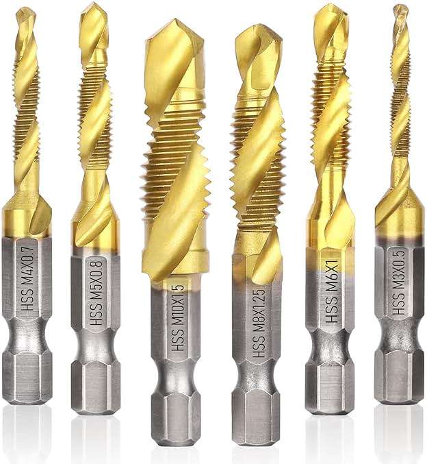 Drill Tap Set, Valkynos 6 Packs Titanium Plated Combination Taps Drill Bit Set, M3 M4 M5 M6 M8 M10 Hex Shank HSS Screw Thread Metric Compound Tap Drill Bits Metal Drilling - Image 1