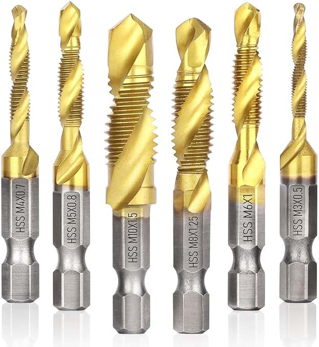 Drill Tap Set, Valkynos 6 Packs Titanium Plated Combination Taps Drill Bit Set, M3 M4 M5 M6 M8 M10 Hex Shank HSS Screw Thread Metric Compound Tap Drill Bits Metal Drilling - Product Image