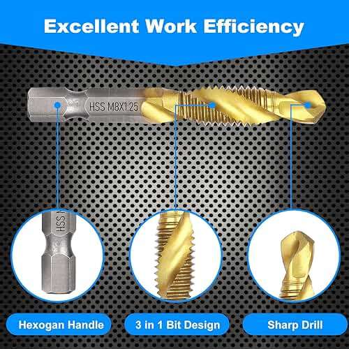 Drill Tap Set, Valkynos 6 Packs Titanium Plated Combination Taps Drill Bit Set, M3 M4 M5 M6 M8 M10 Hex Shank HSS Screw Thread Metric Compound Tap Drill Bits Metal Drilling - Image 4