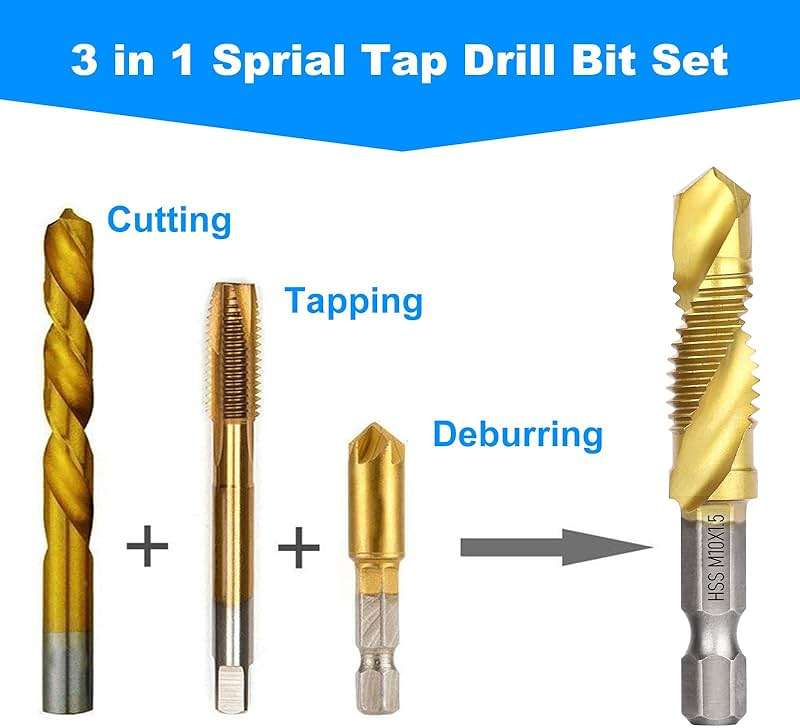 Drill Tap Set, Valkynos 6 Packs Titanium Plated Combination Taps Drill Bit Set, M3 M4 M5 M6 M8 M10 Hex Shank HSS Screw Thread Metric Compound Tap Drill Bits Metal Drilling - Image 7