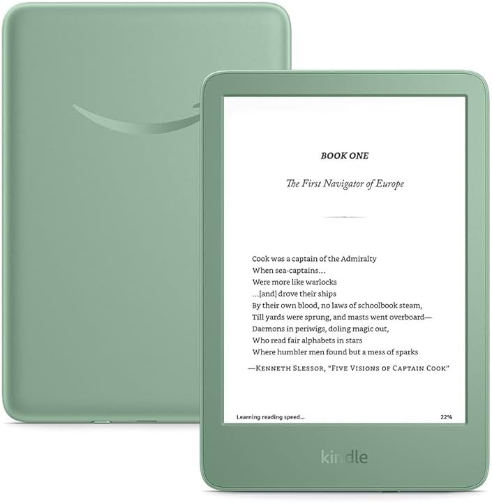 Amazon Kindle 16 GB (newest model) - Lightest and most compact Kindle, now with faster page turns, and higher contrast ratio, for an enhanced reading experience - Matcha - Product Image