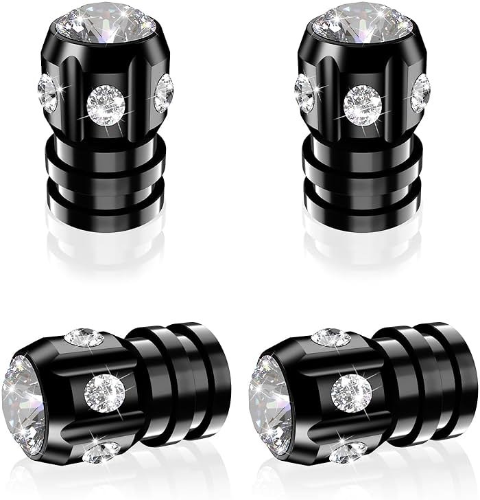 QUARKACE Tire Valve Caps, Bling Valve Stem Caps with Sparkly Rhinestones, Tire Caps 4 Pack for Cars SUVs Trucks Motorcycles Bikes, Anti-Fading Coating, Corrosion Resistant, Air Leakproof - Black - Product Image