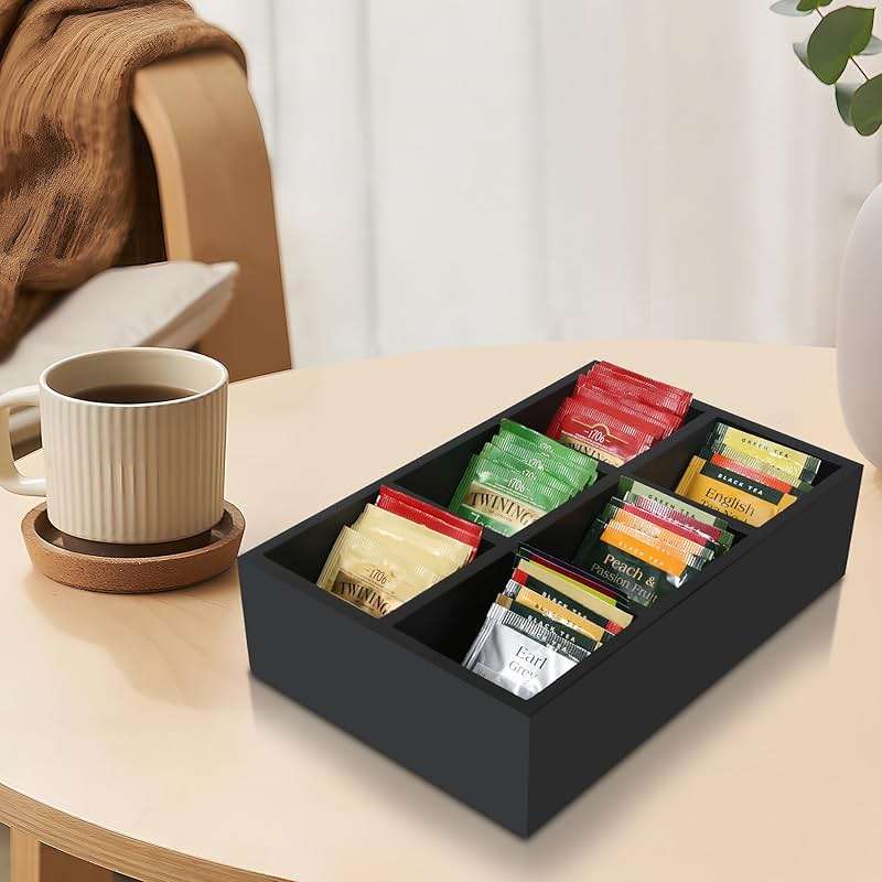 HymoConn Tea Bag Box Wood Black 6 Compartments Tea Bag Organizer Drawer Storage, Large Capacity Sugar Packet Holder for Coffee Station,Sweeteners, Condiment Organizer - Image 2