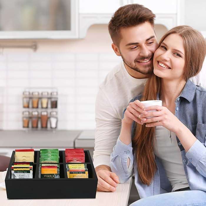 HymoConn Tea Bag Box Wood Black 6 Compartments Tea Bag Organizer Drawer Storage, Large Capacity Sugar Packet Holder for Coffee Station,Sweeteners, Condiment Organizer - Image 7
