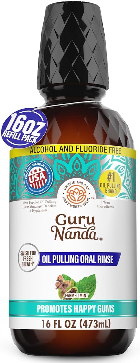 GuruNanda Farmed Mint Oil Pulling Mouthwash for Complete Oral Hygiene, 7 Essential Oils & Vitamins for Happy Teeth & Gums & Fresh Breath, Alcohol-Free, 16 oz - Product Image