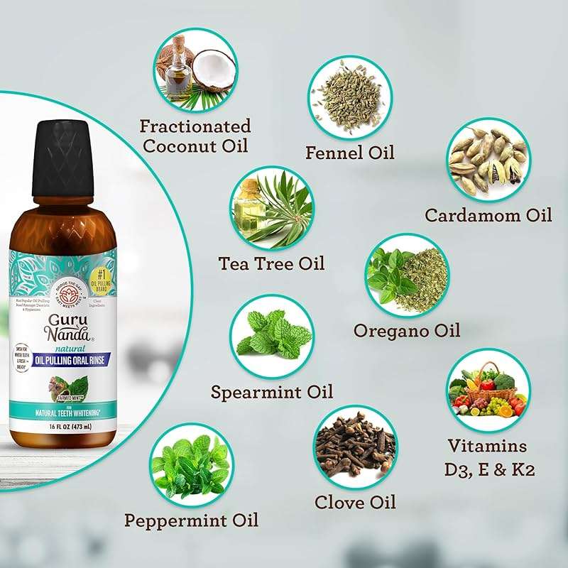GuruNanda Farmed Mint Oil Pulling Mouthwash for Complete Oral Hygiene, 7 Essential Oils & Vitamins for Happy Teeth & Gums & Fresh Breath, Alcohol-Free, 16 oz - Image 4