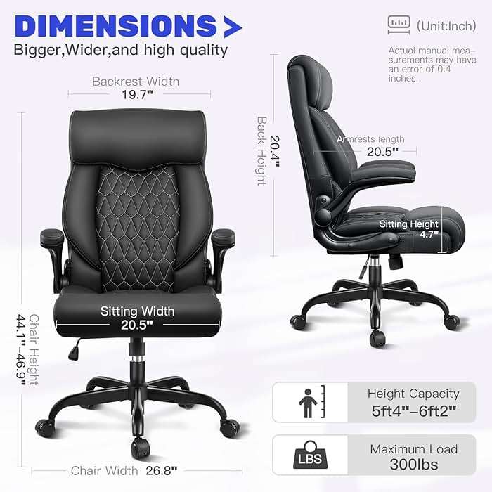 High Back Executive Office Chair - Ergonomic Computer Desk with Rocking Function, Leather Managerial with Adjustable Flip-Up Armrests and Lumbar Support - Image 2