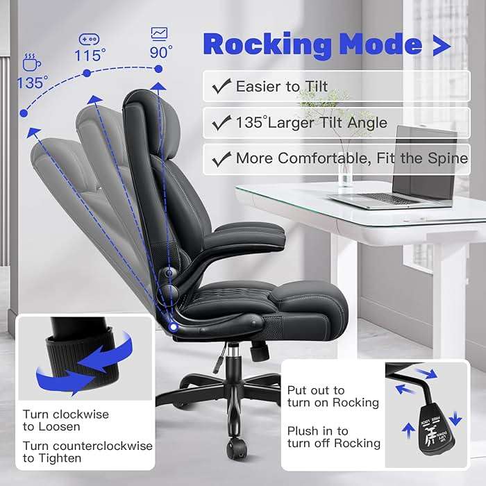 High Back Executive Office Chair - Ergonomic Computer Desk with Rocking Function, Leather Managerial with Adjustable Flip-Up Armrests and Lumbar Support - Image 5