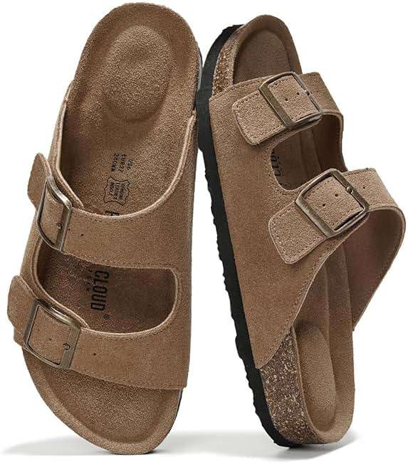Project Cloud 100% Genuine Leather Flat Sandals For Women 2026 Cork Footbed Womens Sandals with Memory Foam and arch support Vacation Essentials Slides for Women Footwear (Venita) - Image 1