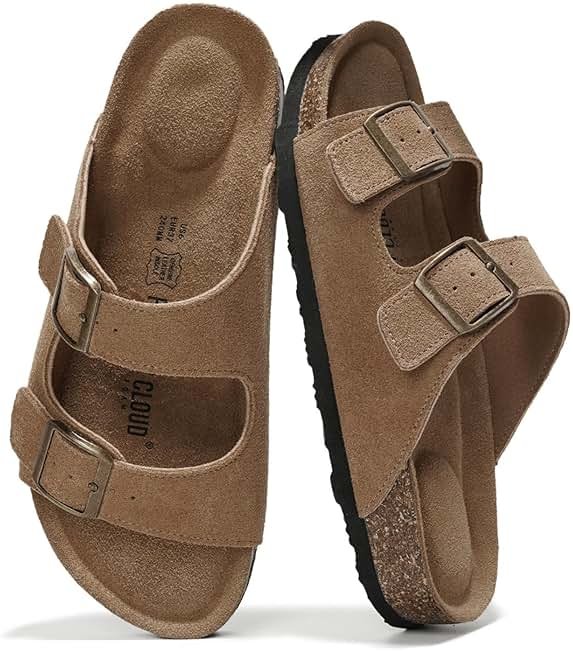 Project Cloud 100% Genuine Leather Flat Sandals For Women 2026 Cork Footbed Womens Sandals with Memory Foam and arch support Vacation Essentials Slides for Women Footwear (Venita) - Product Image