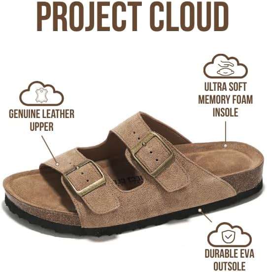 Project Cloud 100% Genuine Leather Flat Sandals For Women 2026 Cork Footbed Womens Sandals with Memory Foam and arch support Vacation Essentials Slides for Women Footwear (Venita) - Image 2