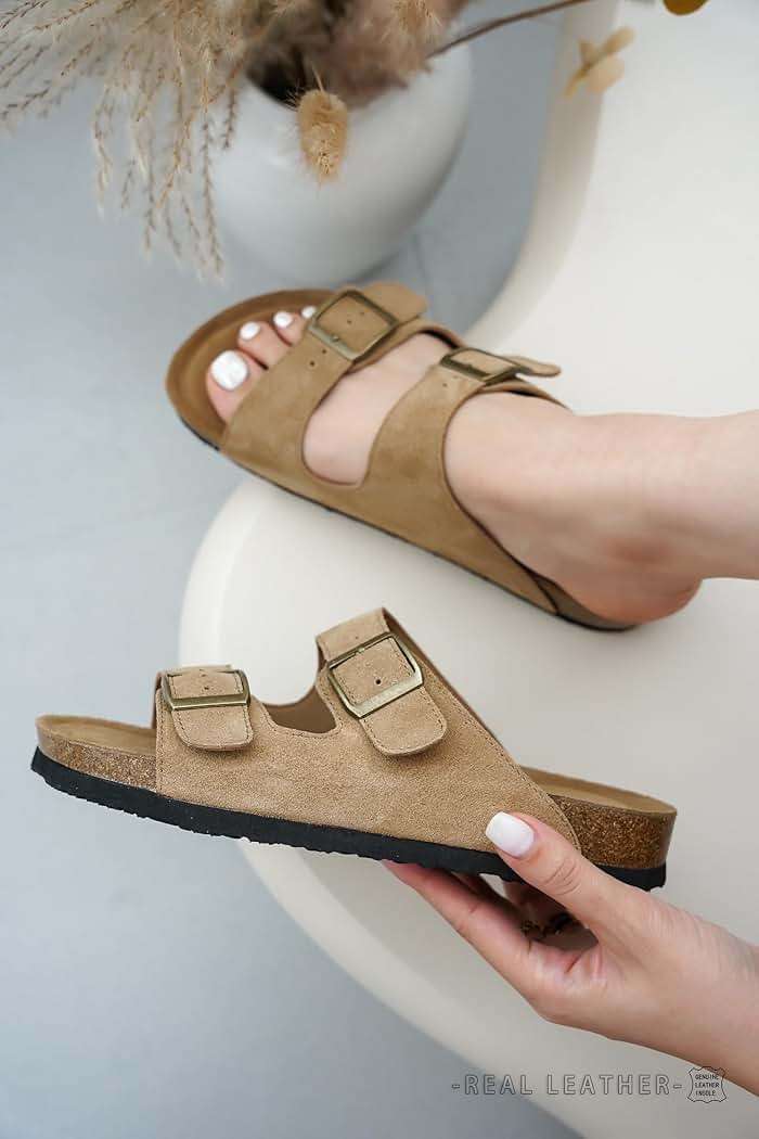 Project Cloud 100% Genuine Leather Flat Sandals For Women 2026 Cork Footbed Womens Sandals with Memory Foam and arch support Vacation Essentials Slides for Women Footwear (Venita) - Image 5