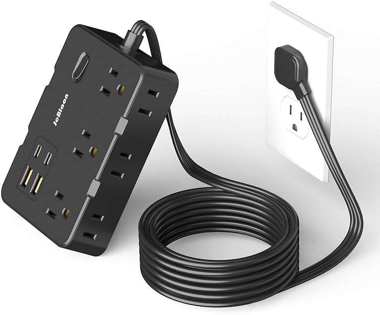 Flat Plug Power Strip Surge Protector, 5ft Ultra Thin Extension Cord with 4 USB Wall Charger(2 USB C Port), 6 Widely-Spaced Outlets Power Strip Compact for Travel, Office, Dorm Room Essentials (Black) - Image 1
