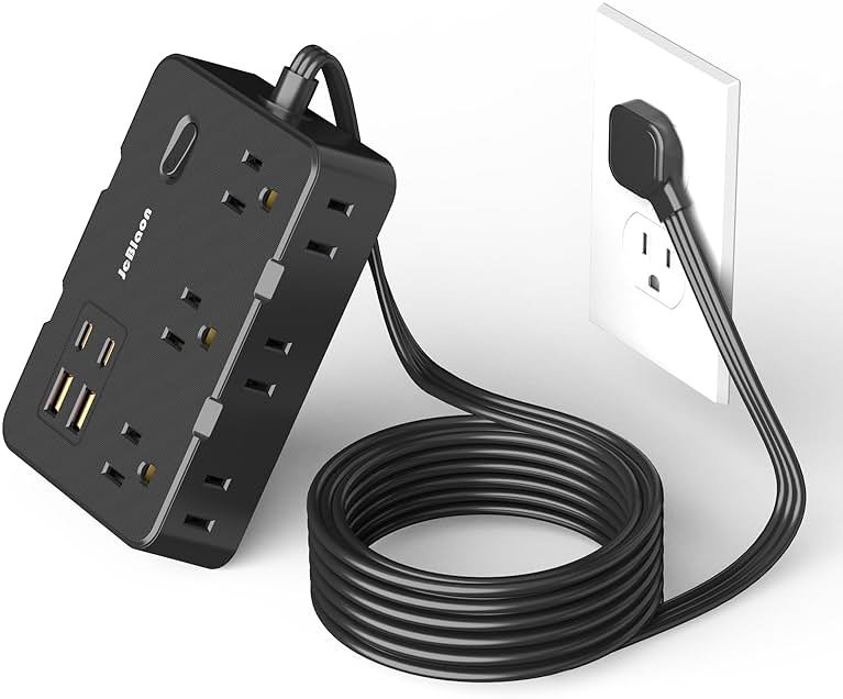 Flat Plug Power Strip Surge Protector, 5ft Ultra Thin Extension Cord with 4 USB Wall Charger(2 USB C Port), 6 Widely-Spaced Outlets Power Strip Compact for Travel, Office, Dorm Room Essentials (Black) - Product Image