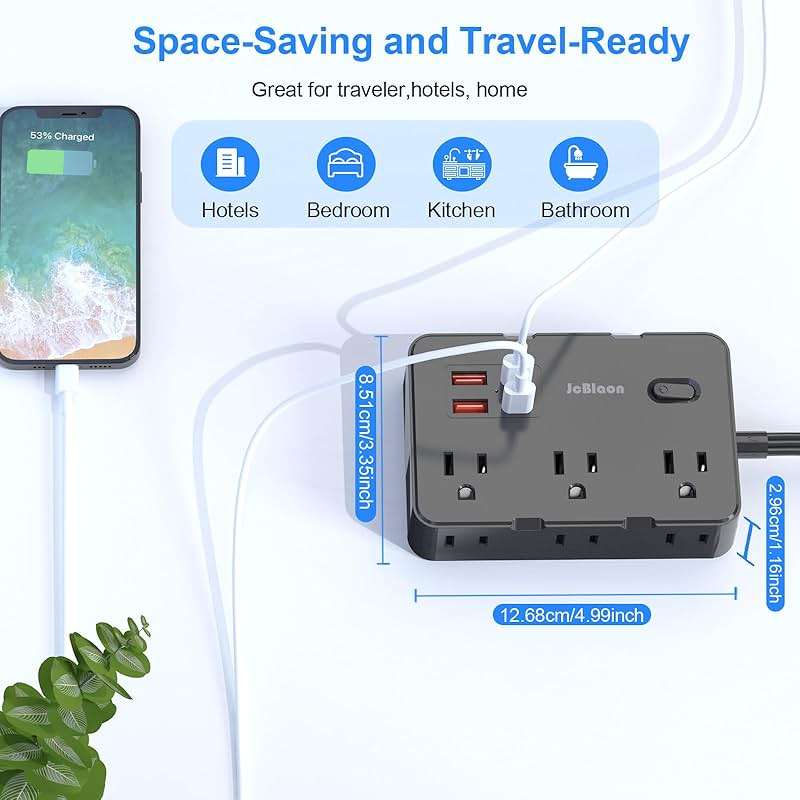 Flat Plug Power Strip Surge Protector, 5ft Ultra Thin Extension Cord with 4 USB Wall Charger(2 USB C Port), 6 Widely-Spaced Outlets Power Strip Compact for Travel, Office, Dorm Room Essentials (Black) - Image 5