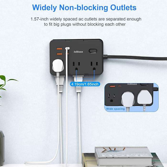 Flat Plug Power Strip Surge Protector, 5ft Ultra Thin Extension Cord with 4 USB Wall Charger(2 USB C Port), 6 Widely-Spaced Outlets Power Strip Compact for Travel, Office, Dorm Room Essentials (Black) - Image 6