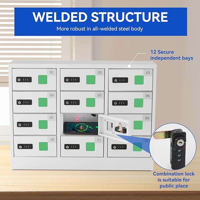 Bpatoimsx Safety and Convenience 12 - Compartment Cell Mobile Phone Charging Station Cabinet Locker with Combination Lock White - Ideal for Students and Employees - Image 6