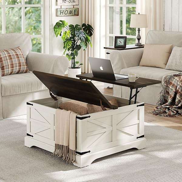 Furnideco Farmhouse Lift Top Coffee Table, Square Wood Center Table with Large Hidden Storage Compartment for Living Room, Rustic Cocktail White Modern Table with Hinged Lift Top, Brown Top - Image 1