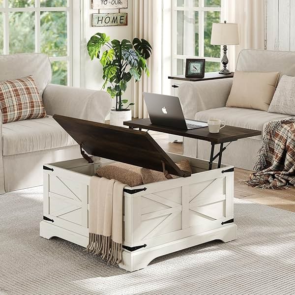 Furnideco Farmhouse Lift Top Coffee Table, Square Wood Center Table with Large Hidden Storage Compartment for Living Room, Rustic Cocktail White Modern Table with Hinged Lift Top, Brown Top - Product Image