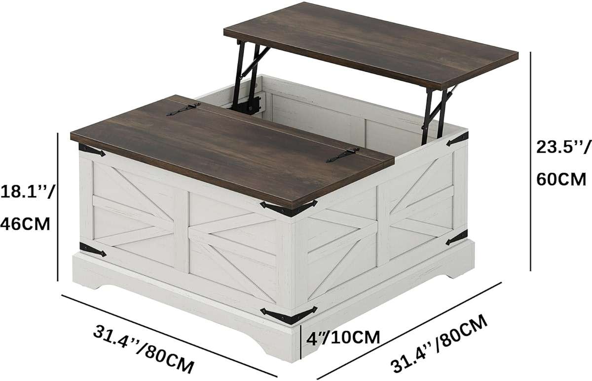 Furnideco Farmhouse Lift Top Coffee Table, Square Wood Center Table with Large Hidden Storage Compartment for Living Room, Rustic Cocktail White Modern Table with Hinged Lift Top, Brown Top - Image 2