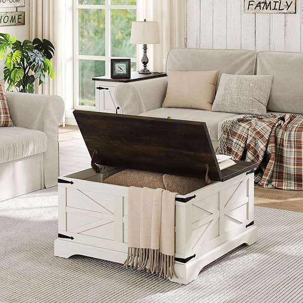 Furnideco Farmhouse Lift Top Coffee Table, Square Wood Center Table with Large Hidden Storage Compartment for Living Room, Rustic Cocktail White Modern Table with Hinged Lift Top, Brown Top - Image 3