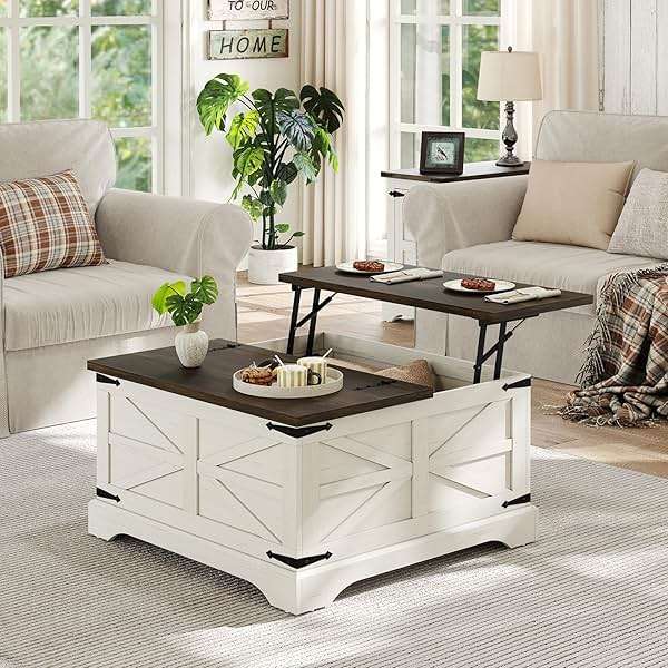 Furnideco Farmhouse Lift Top Coffee Table, Square Wood Center Table with Large Hidden Storage Compartment for Living Room, Rustic Cocktail White Modern Table with Hinged Lift Top, Brown Top - Image 4