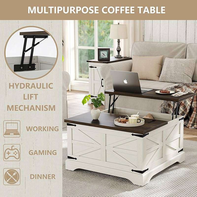 Furnideco Farmhouse Lift Top Coffee Table, Square Wood Center Table with Large Hidden Storage Compartment for Living Room, Rustic Cocktail White Modern Table with Hinged Lift Top, Brown Top - Image 7