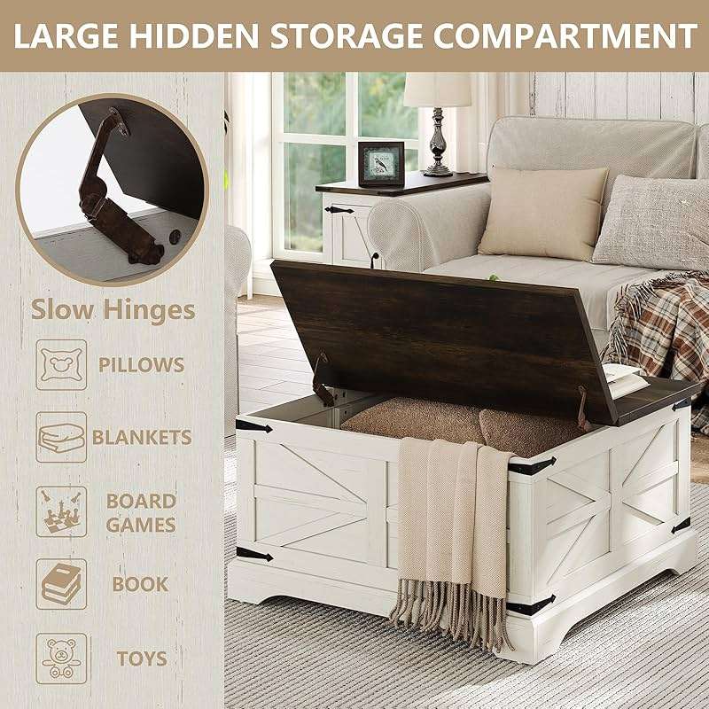 Furnideco Farmhouse Lift Top Coffee Table, Square Wood Center Table with Large Hidden Storage Compartment for Living Room, Rustic Cocktail White Modern Table with Hinged Lift Top, Brown Top - Image 8