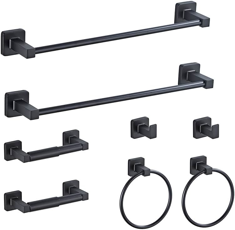 Matte Black Bathroom Hardware Set 8 Pieces,Towel Bar Set Stainless Steel Wall Mounted, Includes 16In Hand Towel Bar, Towel Ring, Robe Towel Hooks,Toilet Paper Holder, Bathroom Towel Rack Set… - Product Image