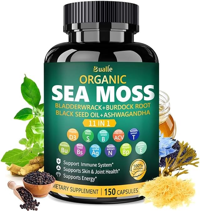 Bualle Irish Sea Moss Capsules – Organic Sea Moss, Black Seed Oil, Ashwagandha Supplements with Bladderwrack, Ginger & Burdock Root – Supports Daily Wellness, Skin & Energy – 150 Count (1 Pack) - Product Image