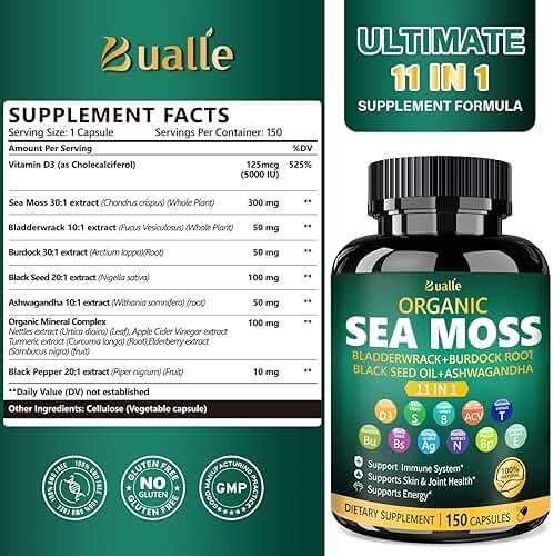 Bualle Irish Sea Moss Capsules – Organic Sea Moss, Black Seed Oil, Ashwagandha Supplements with Bladderwrack, Ginger & Burdock Root – Supports Daily Wellness, Skin & Energy – 150 Count (1 Pack) - Image 2